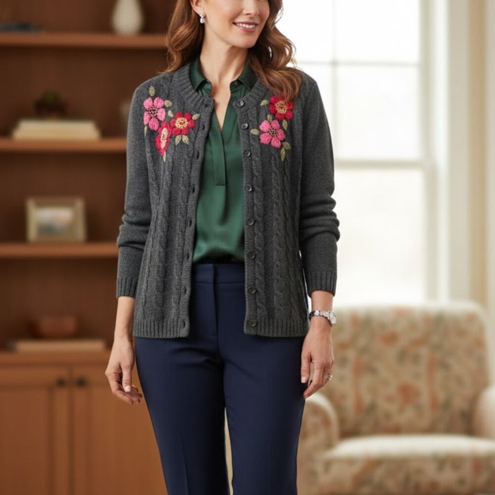 Appleseeds Embroidered Cotton Knit Sweater Cardigan  Small Petite NWT
